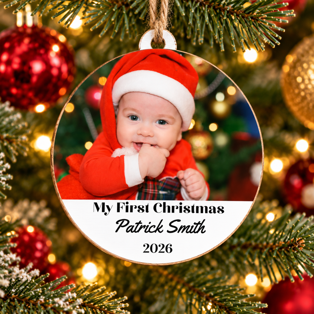Personalized Baby’s First Christmas Photo Ornament – Modern Wooden Keepsake