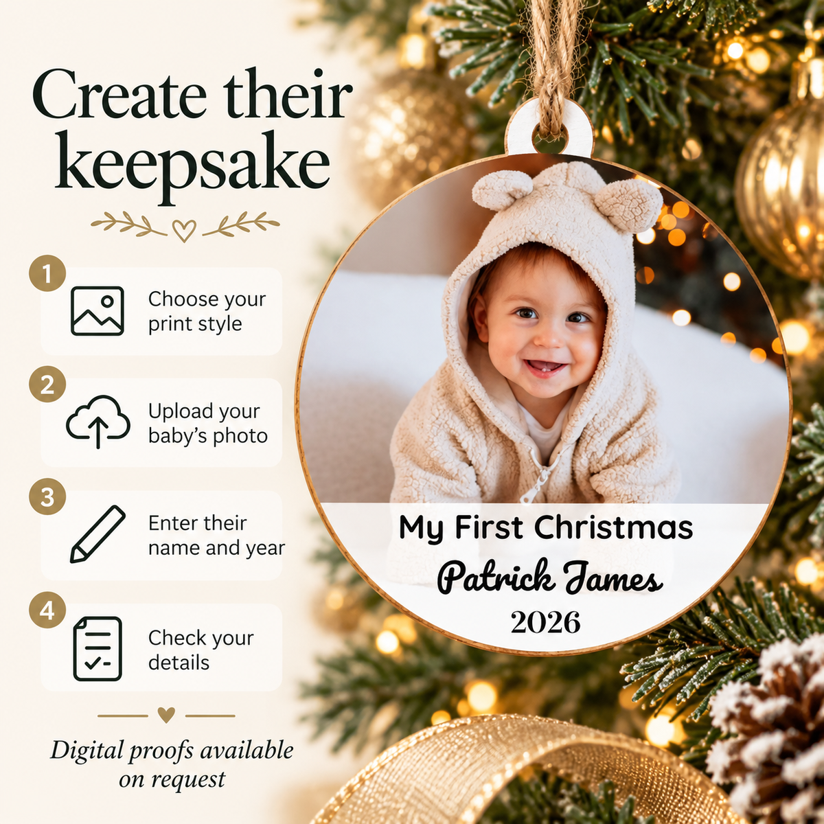 Newborn Photo Christmas Ornament – Personalized Name & Year Keepsake