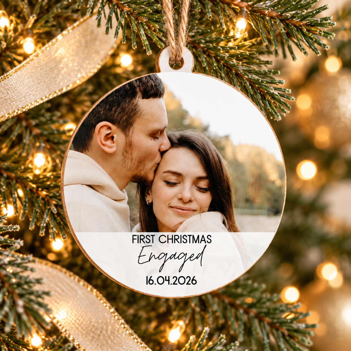 First Christmas Engaged Photo Ornament – Personalized Wooden Keepsake