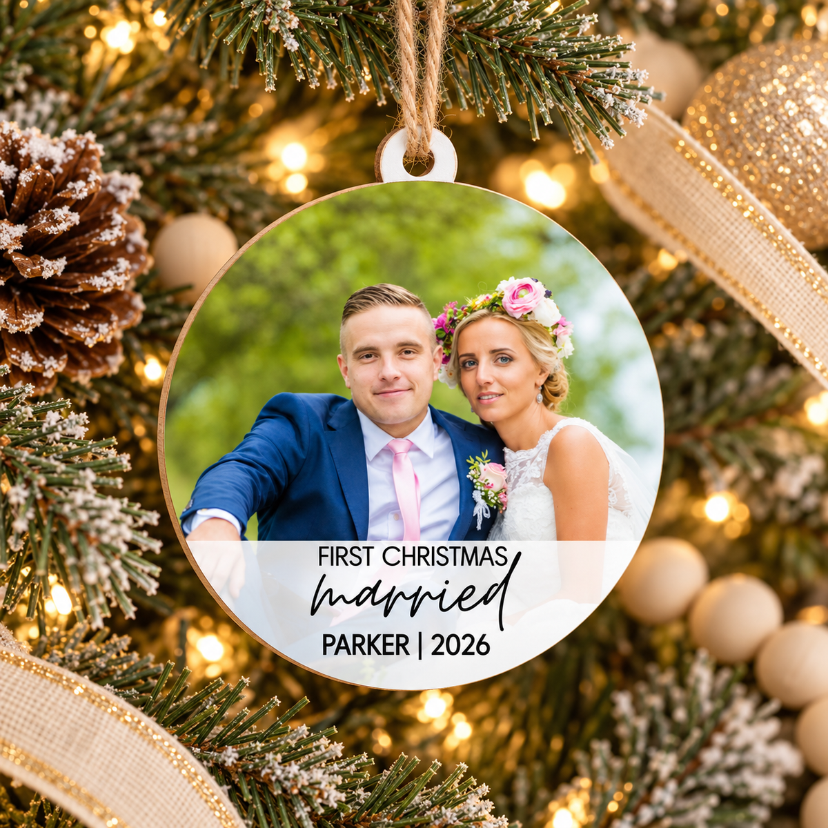 First Christmas Married Photo Ornament – Personalized Wooden Wedding Keepsake