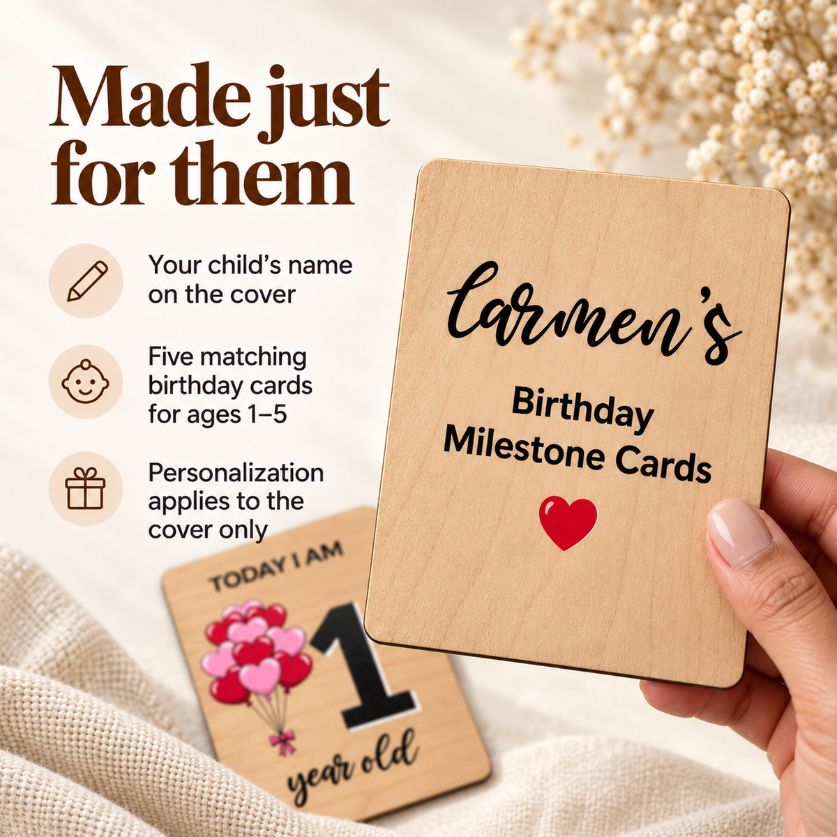 Personalized Wooden Birthday Milestone Cards – Ages 1–5, Heart Balloons