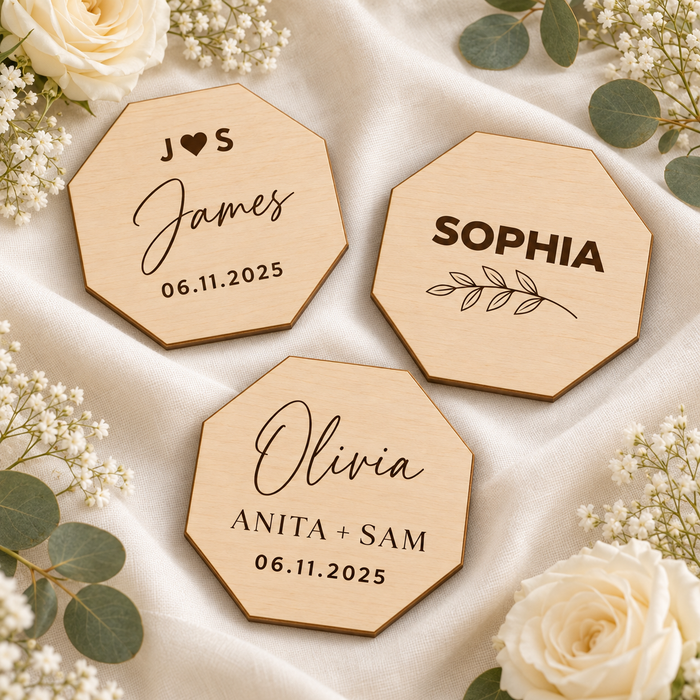 Personalized Octagon Wedding Coasters – Engraved Maple Wood Favours