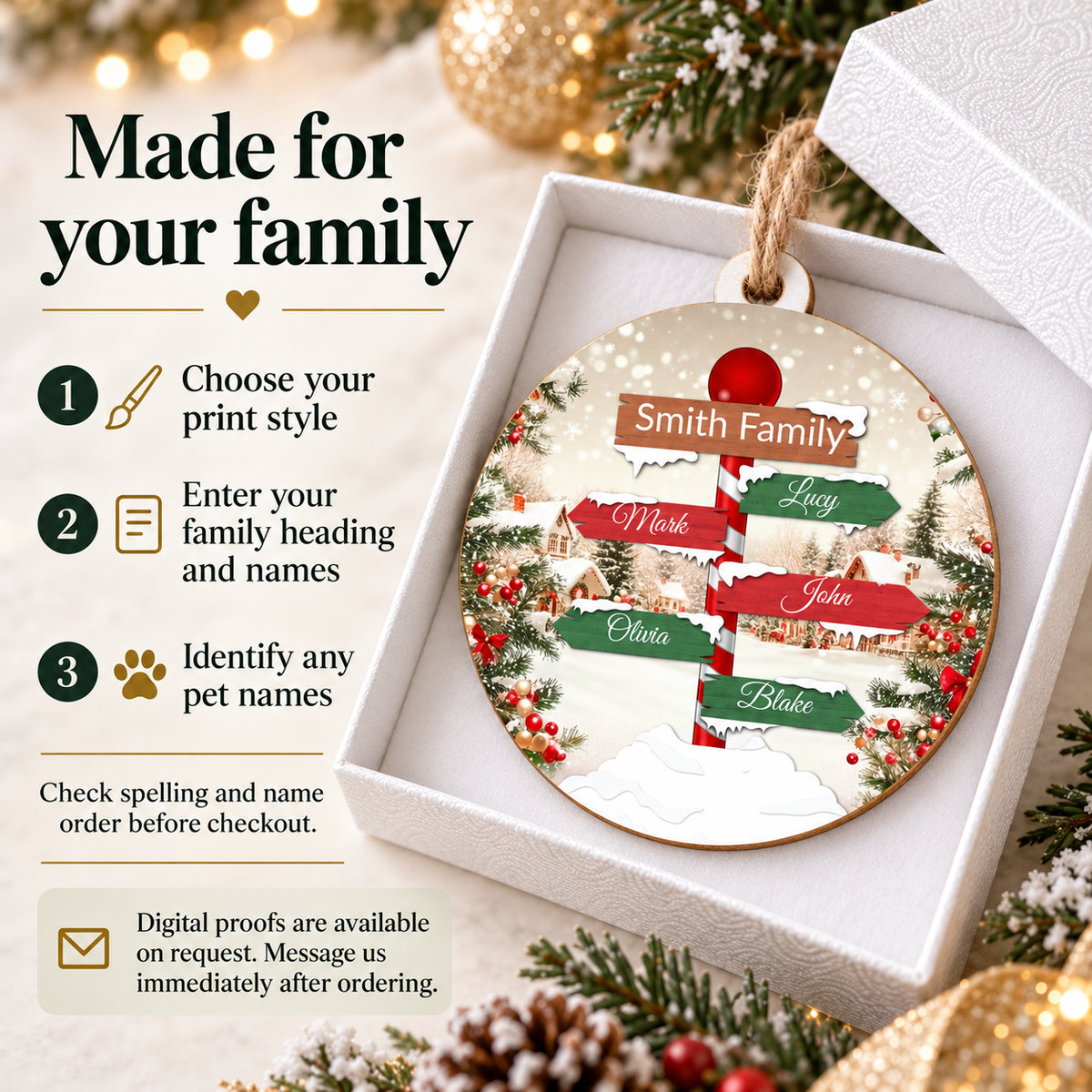 Personalized Family Name Christmas Ornament – Snowy Signpost Design