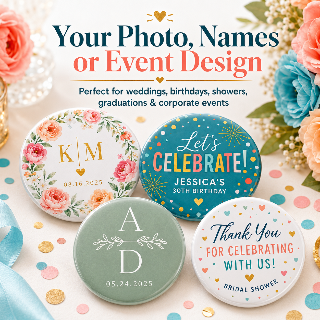 Four round custom event pinback badges displayed on a decorated light beige surface with flowers, confetti, and ribbon. The top text reads 'Your Photo, Names or Event Design' and the badges show personalized designs including floral wreaths, gold monograms, colorful party text, and thank-you messaging.