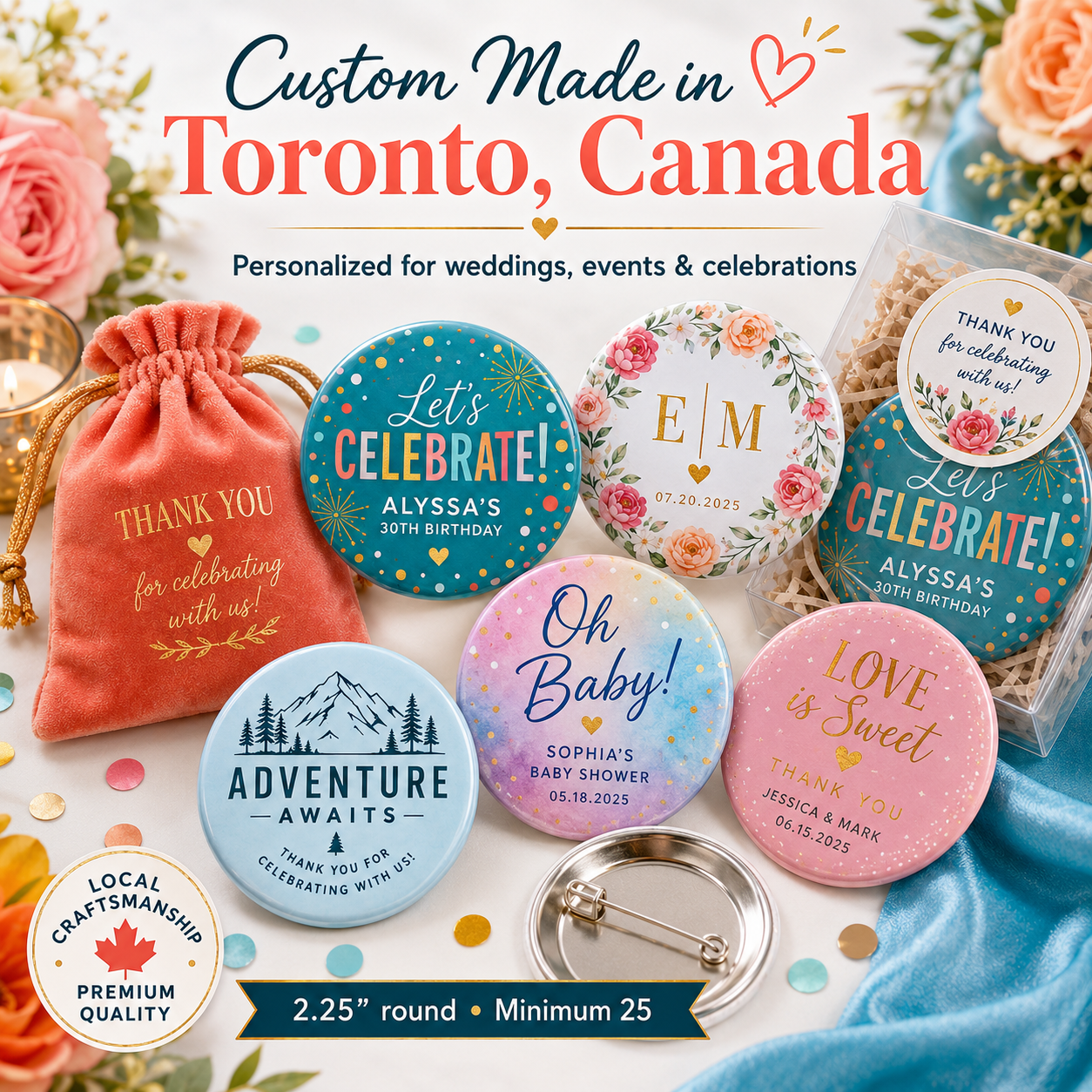 A promotional collage showing multiple personalized round pin-back buttons and a matching drawstring thank-you bag on a decorated table. The text at the top reads 'Custom Made in Toronto, Canada' and 'Personalized for weddings, events & celebrations.