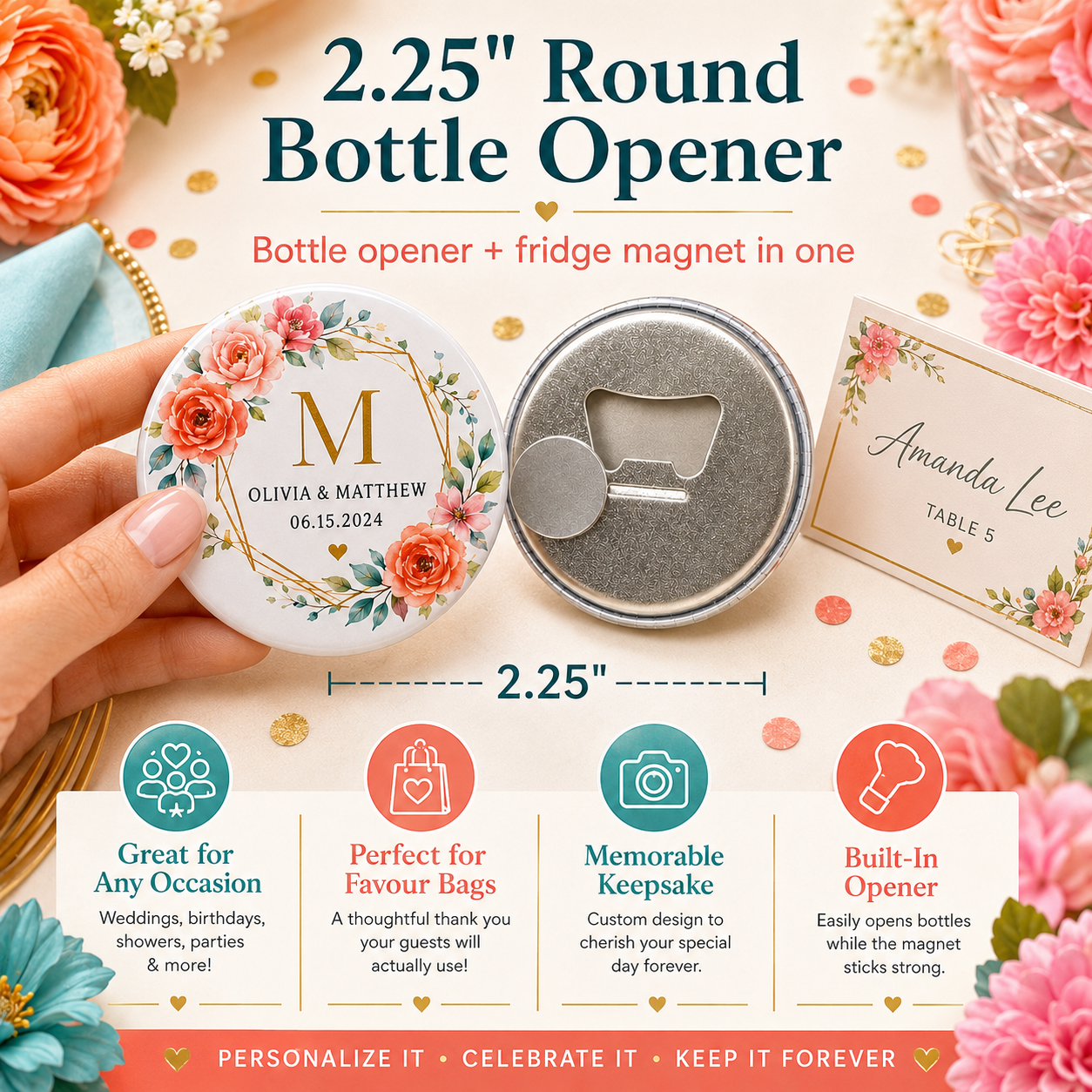 A hand holds a round floral bottle opener next to its matching backside, with a second opener shown standing upright in the background. The image includes marketing text, decorative flowers, and feature callouts for a personalized 2.