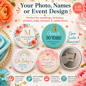A set of round personalized metal gift tags or magnets displayed on a decorated light beige surface with flowers and confetti. The set includes floral designs, a rainbow design, a teal 'Cheers to 30 Years' design, and a silver magnetic back.