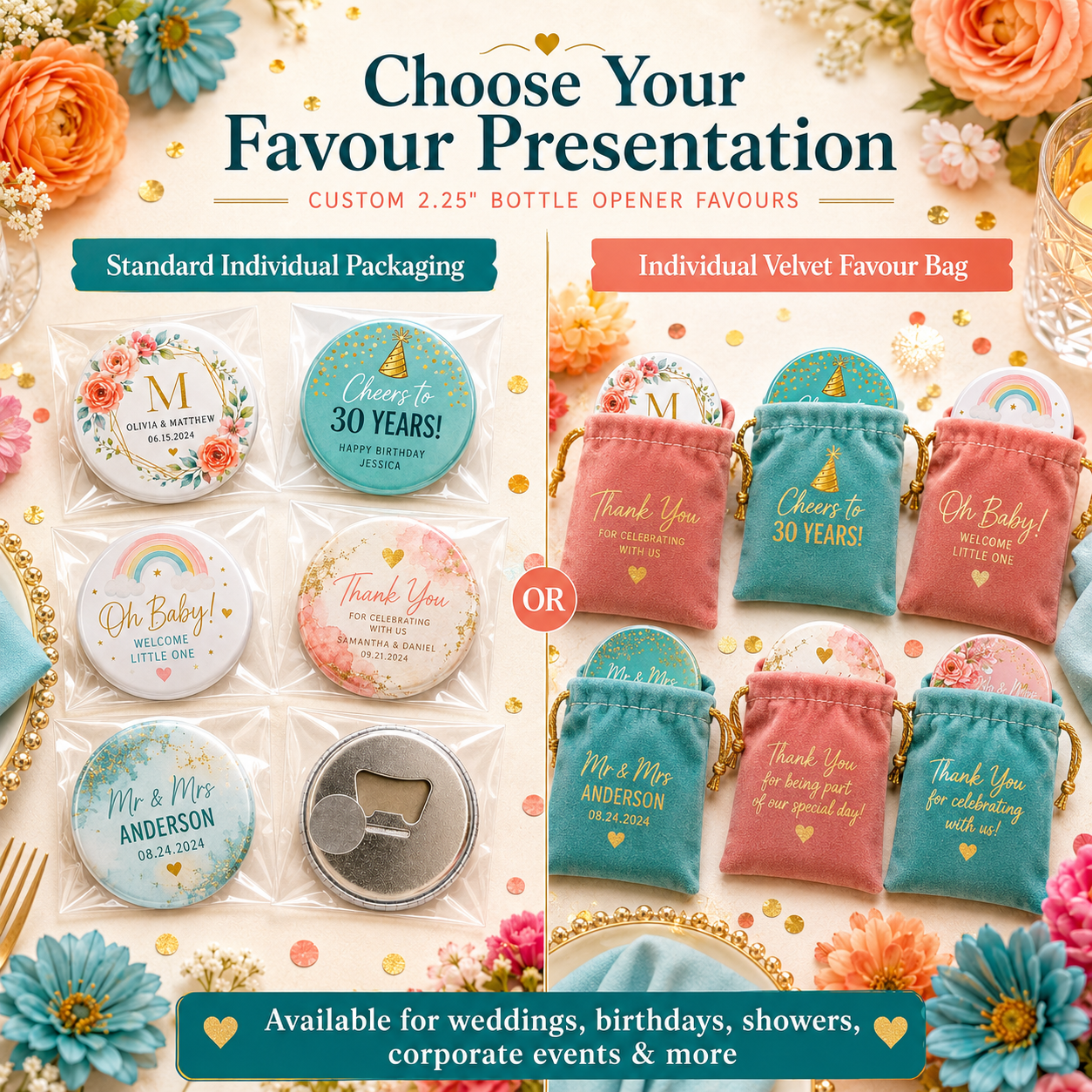 Custom 2.25" bottle opener favours and individual favour bags shown in a decorative promotional layout.