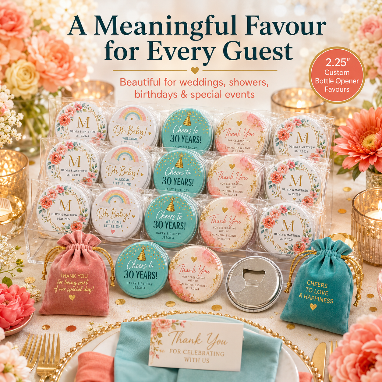 A styled event table display featuring a set of round favor packets and small drawstring pouches with floral labels and celebratory messages such as 'Cheers to 30 Years!' and 'Thank You for Celebrating with Us.' The scene includes candles, flowers, plates, and gold confetti, with promotional text at the top reading 'A Meaningful Favour for Every Guest' and a badge noting a 2.