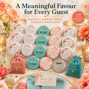 A styled event table display featuring a set of round favor packets and small drawstring pouches with floral labels and celebratory messages such as 'Cheers to 30 Years!' and 'Thank You for Celebrating with Us.' The scene includes candles, flowers, plates, and gold confetti, with promotional text at the top reading 'A Meaningful Favour for Every Guest' and a badge noting a 2.