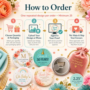 A promotional ordering graphic for personalized bottle favors, showing a 4-step process with icons and sample designs. The layout includes floral decorations, a pink bottle opener, a teal drawstring pouch, and round favor labels with example text such as 'Oh Baby!', 'Welcome Little One', and 'Cheers to 30 Years!'.