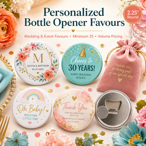 Personalized bottle opener favors displayed on a styled flat-lay background with flowers, confetti, and a pink velvet drawstring bag. The set includes round printed opencers with floral designs, text messages, a rainbow motif, and gold foil accents, plus a silver metal opener mechanism.