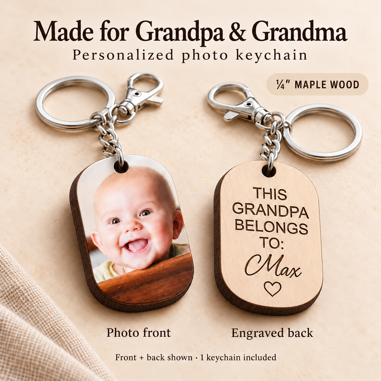 Front and back views of a maple wood photo keychain, with a baby photo and “This Grandpa Belongs To: Max” engraving.