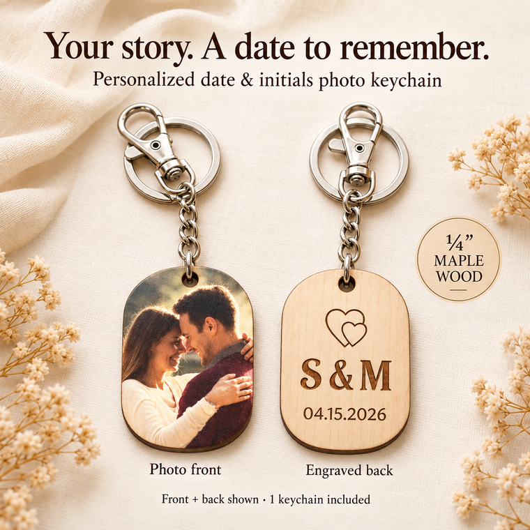 Personalized Date & Initials Photo Keychain – Maple Wood