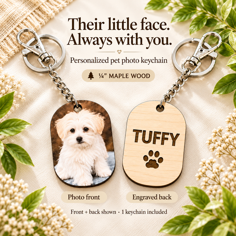 Personalized Pet Portrait Photo Keychain – Maple Wood