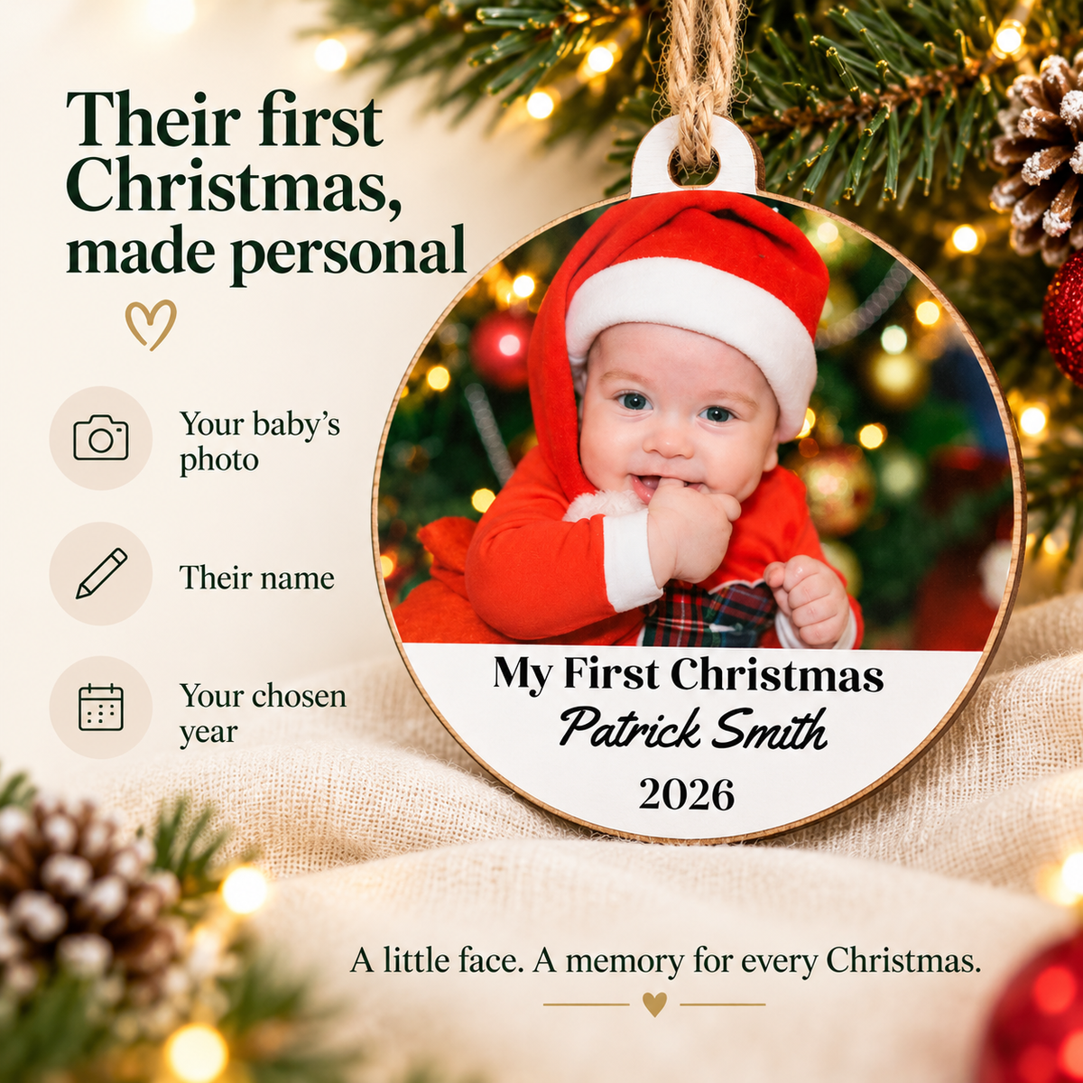 Personalized Baby’s First Christmas Photo Ornament – Modern Wooden Keepsake