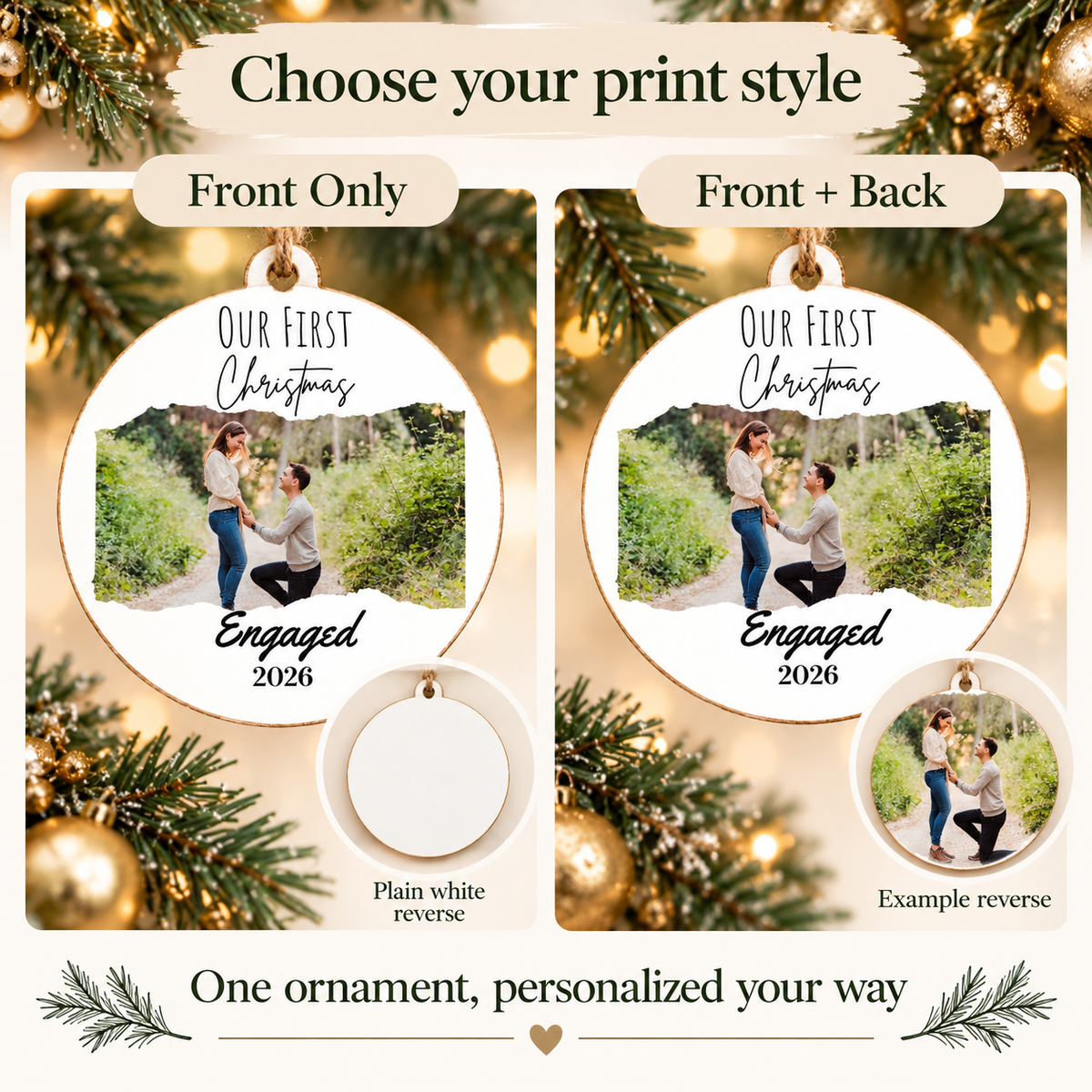 Our First Christmas Engaged Photo Ornament – Personalized Wooden Keepsake