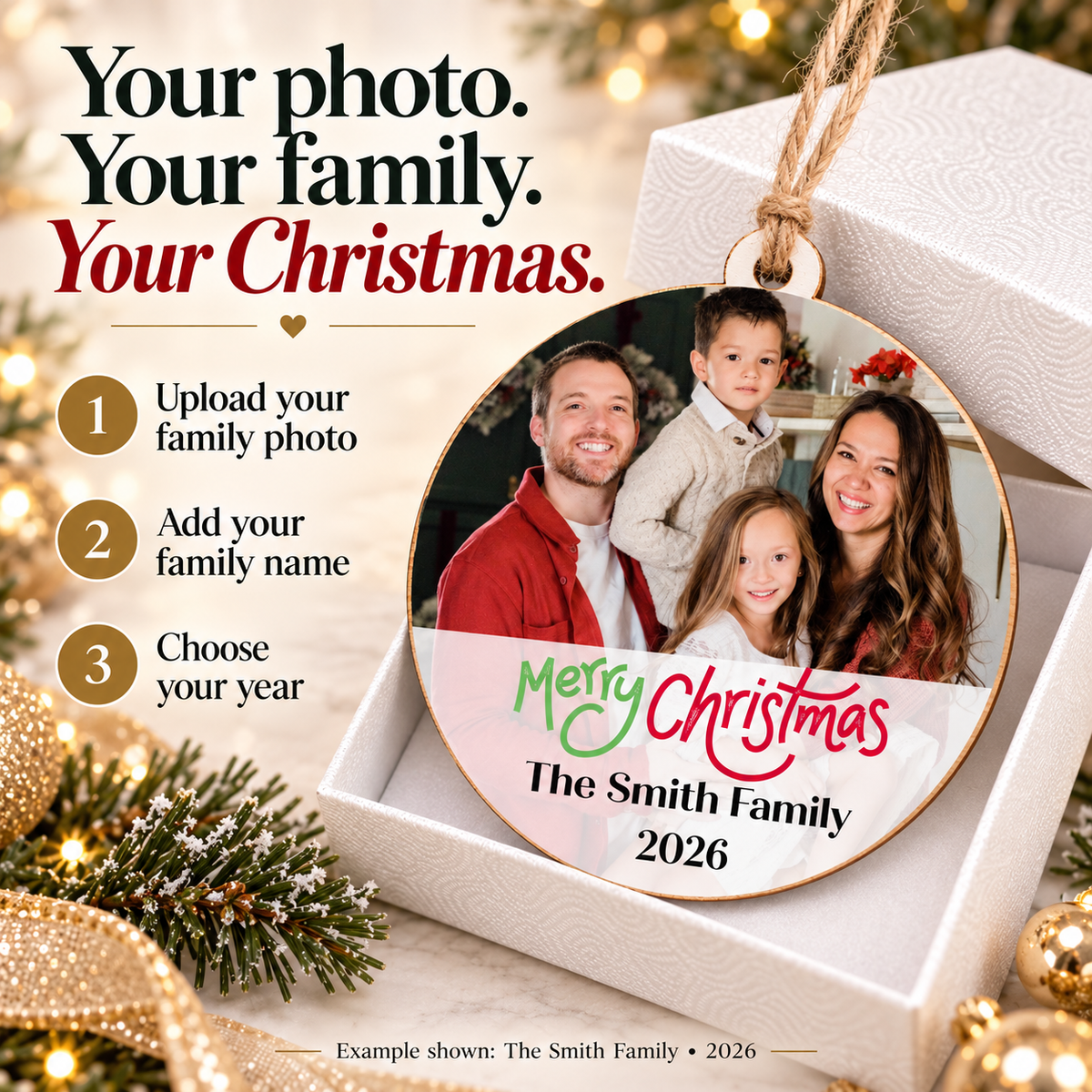 Personalized Family Photo Christmas Ornament – Family Name & Year