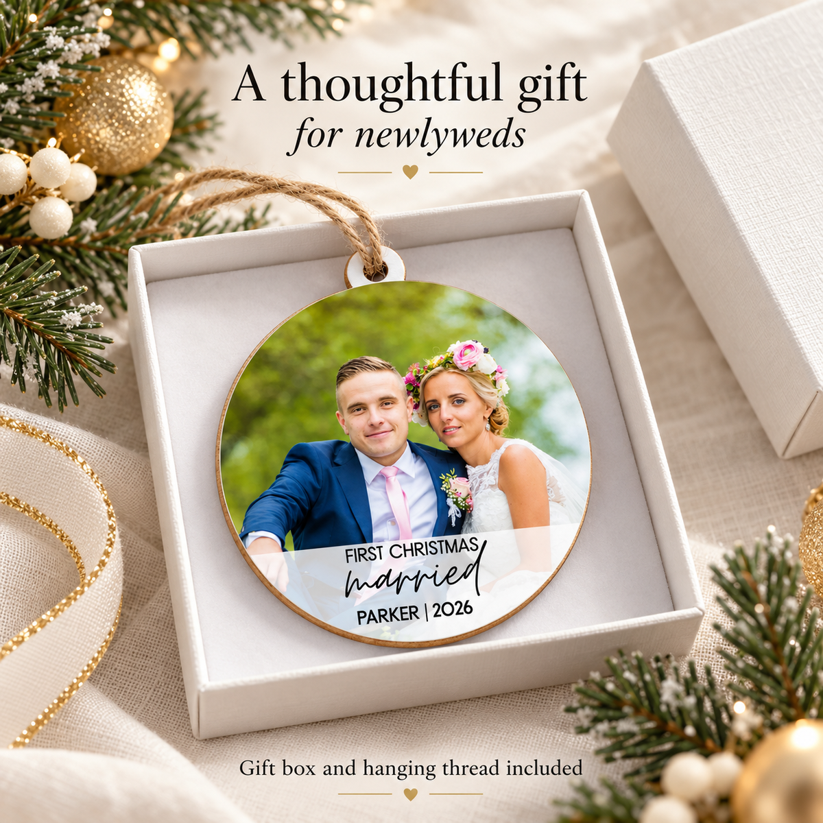 First Christmas Married Photo Ornament – Personalized Wooden Wedding Keepsake