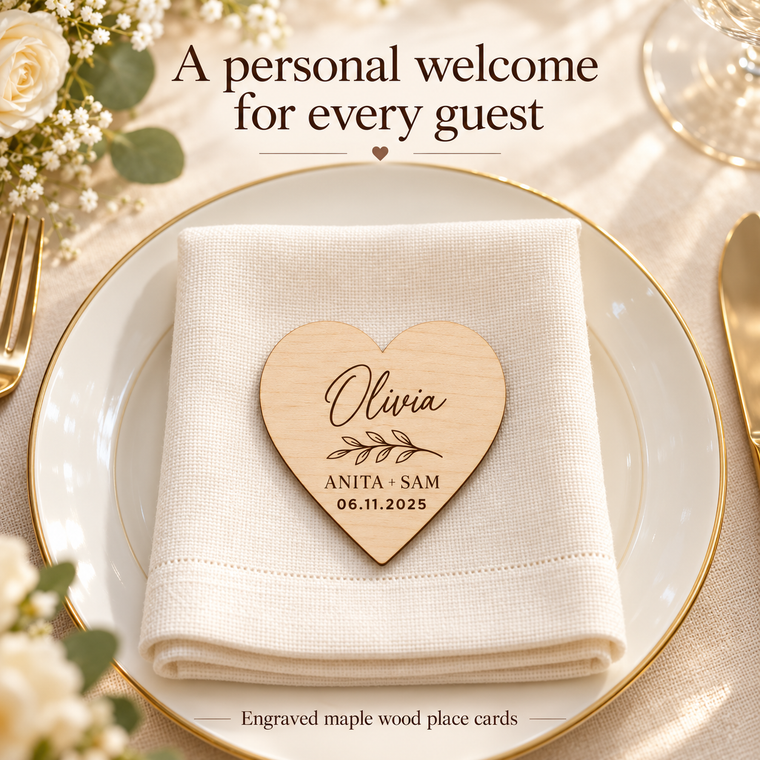 Personalized Wooden Heart Place Card Magnet Wedding Favors
