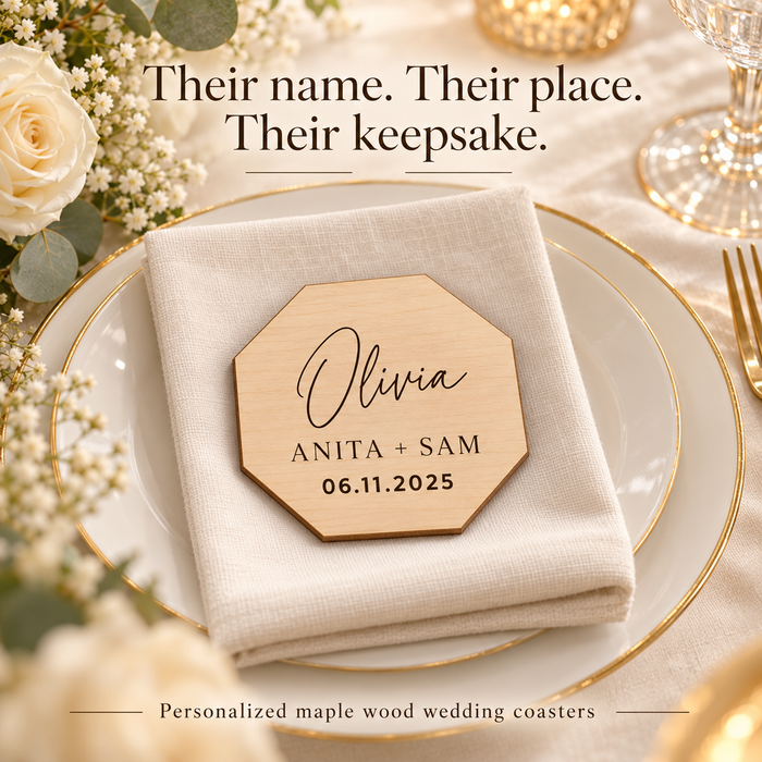 Personalized Octagon Wedding Coasters – Engraved Maple Wood Favours