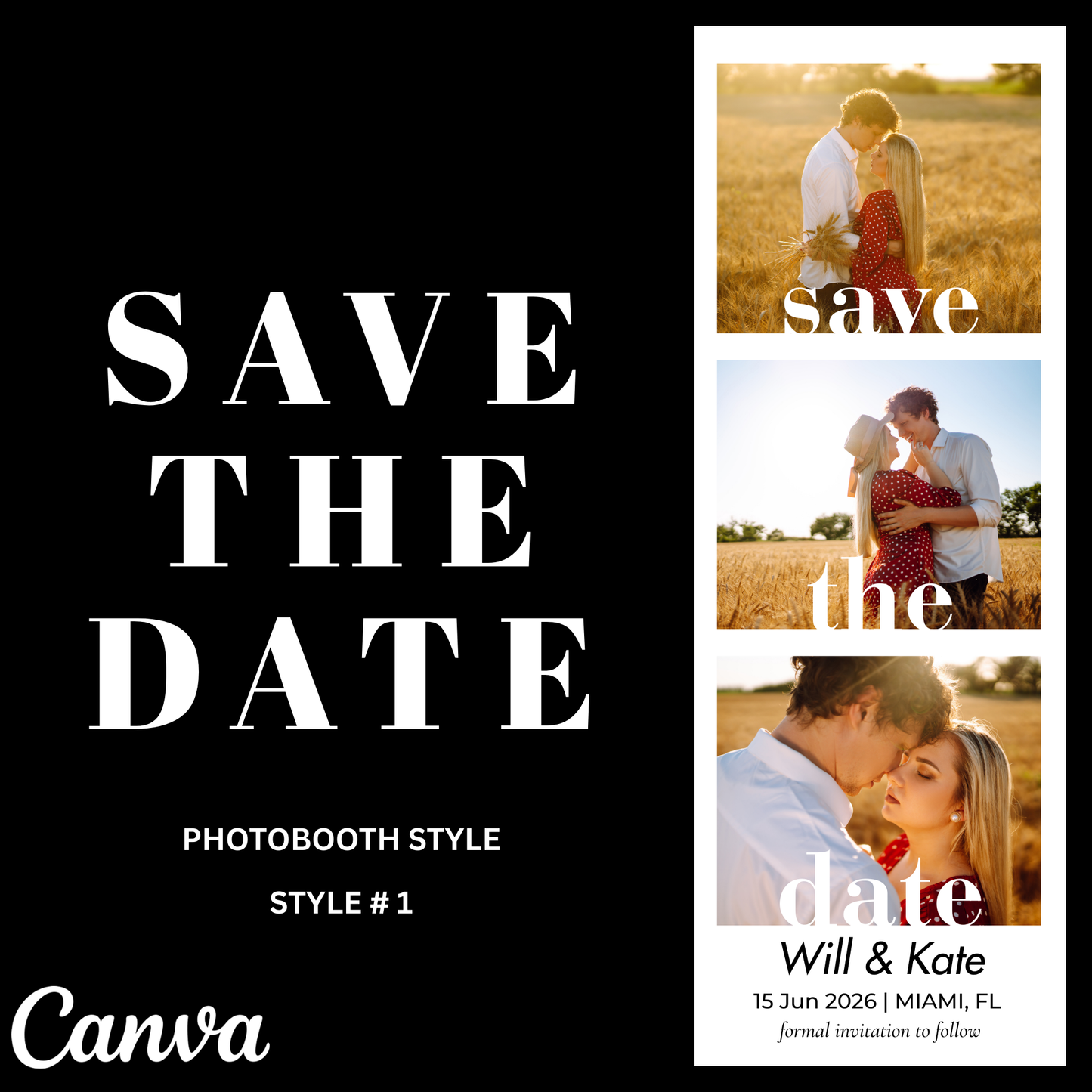 Save the date card with couple in a field, featuring Canva branding.