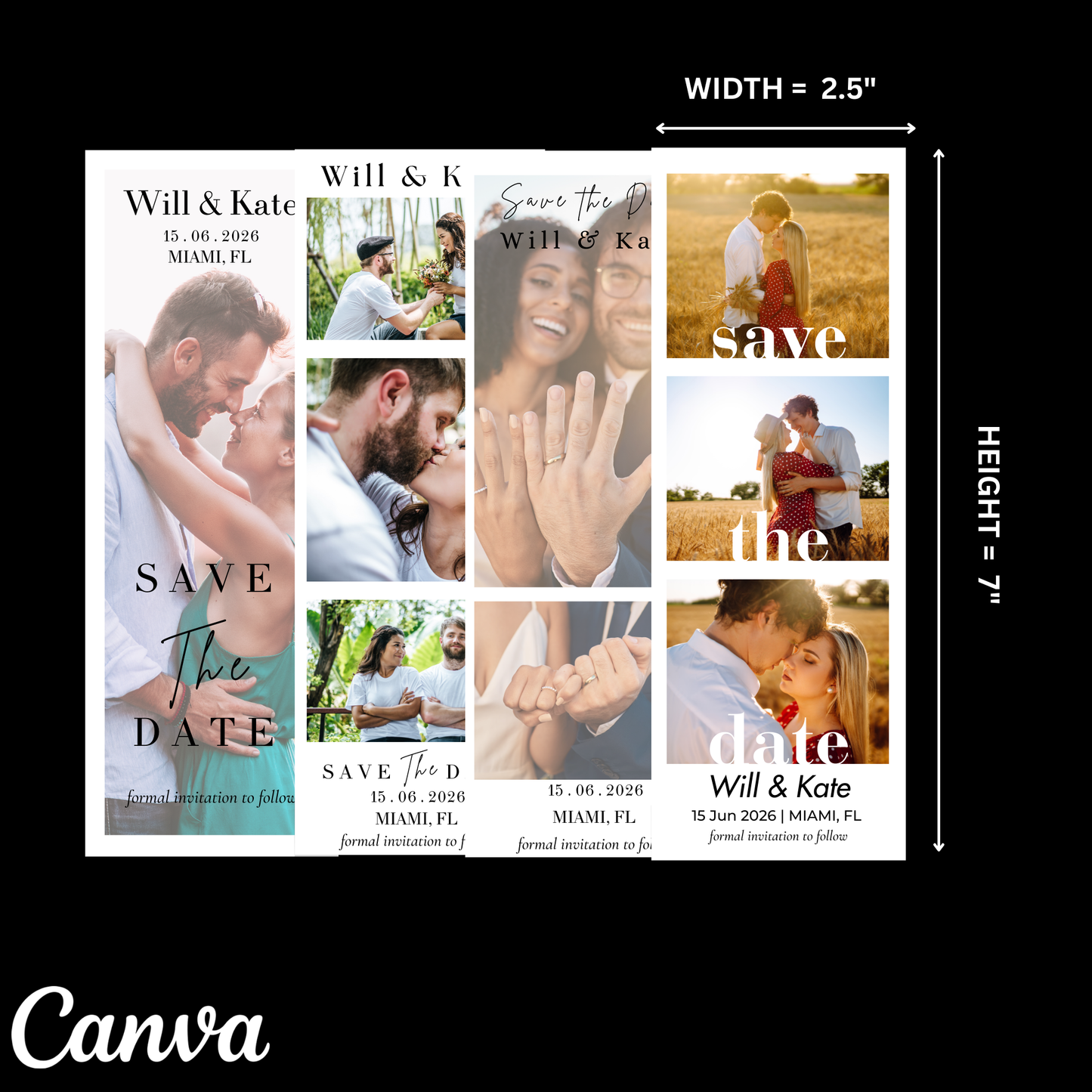 Collage of 'Save the Date' cards with various poses and text, featuring dimensions and Canva branding.