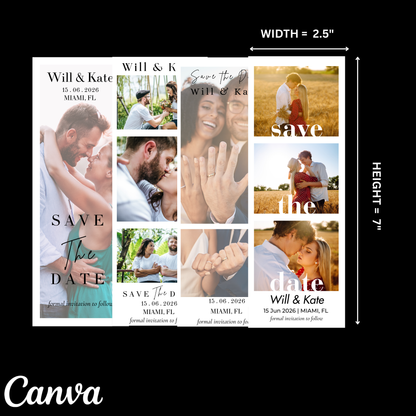 Collage of 'Save the Date' cards with various poses and text, featuring dimensions and Canva branding.