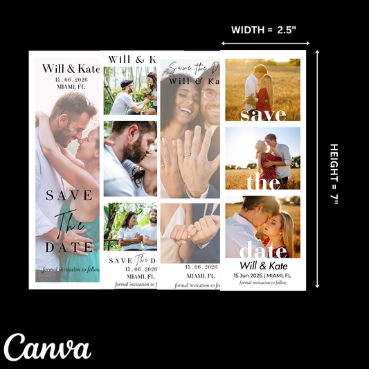 Collage of 'Save the Date' cards with various poses and text, featuring dimensions and Canva branding.