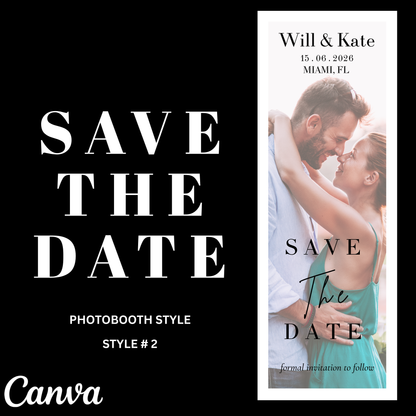 Save the date card with a couple embracing, featuring the Canva brand.