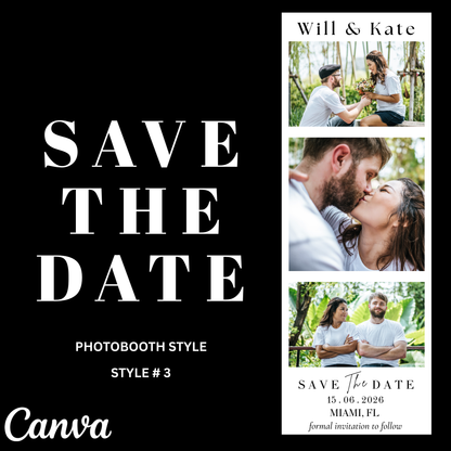 Save the date card with couple photos and 'Canva' branding