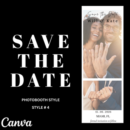 Save the date card with a couple holding hands and an engagement ring, featuring Canva branding.