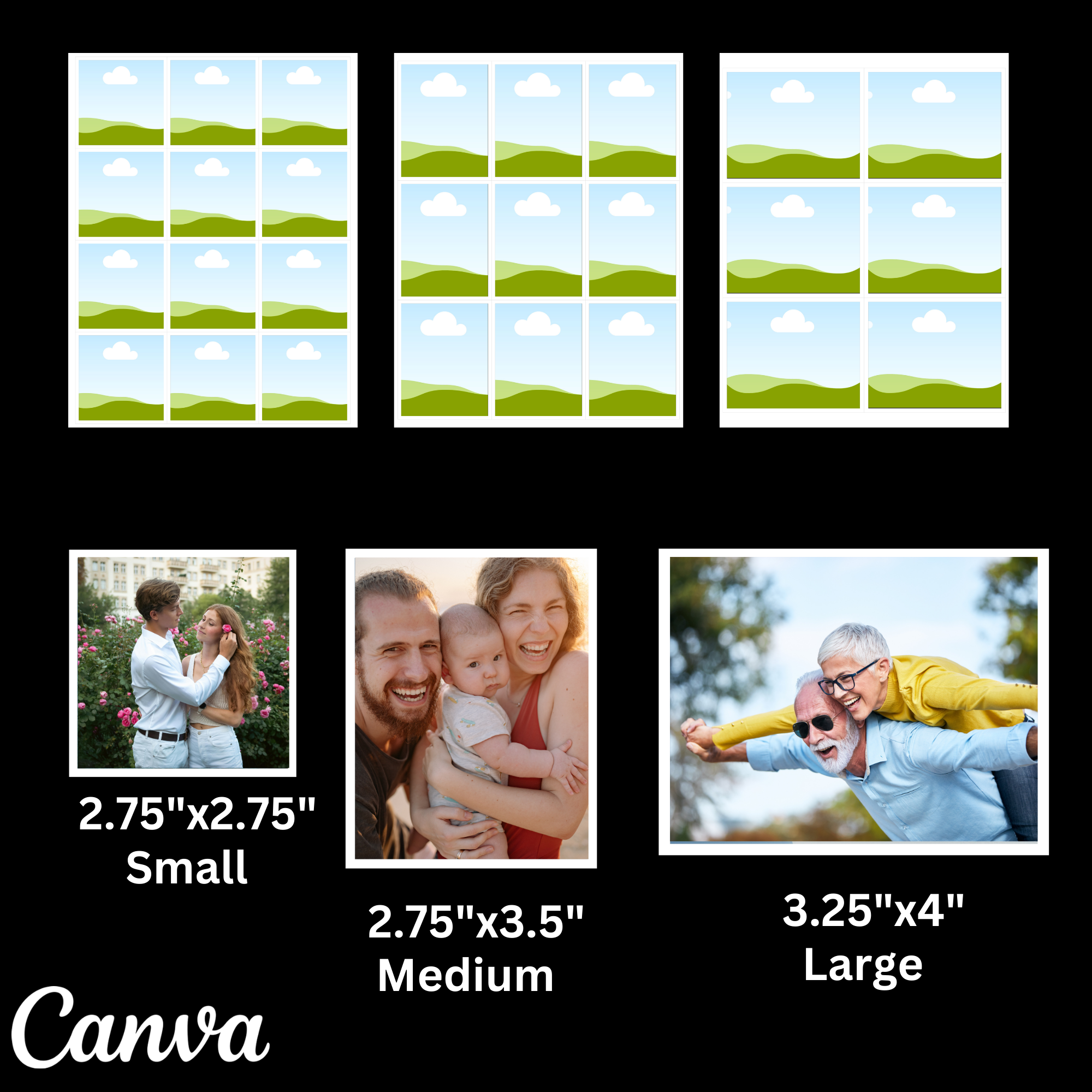 Comparison of photo sizes with 'Canva' branding on a black background