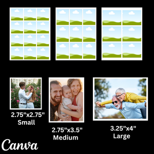 Comparison of photo sizes with 'Canva' branding on a black background