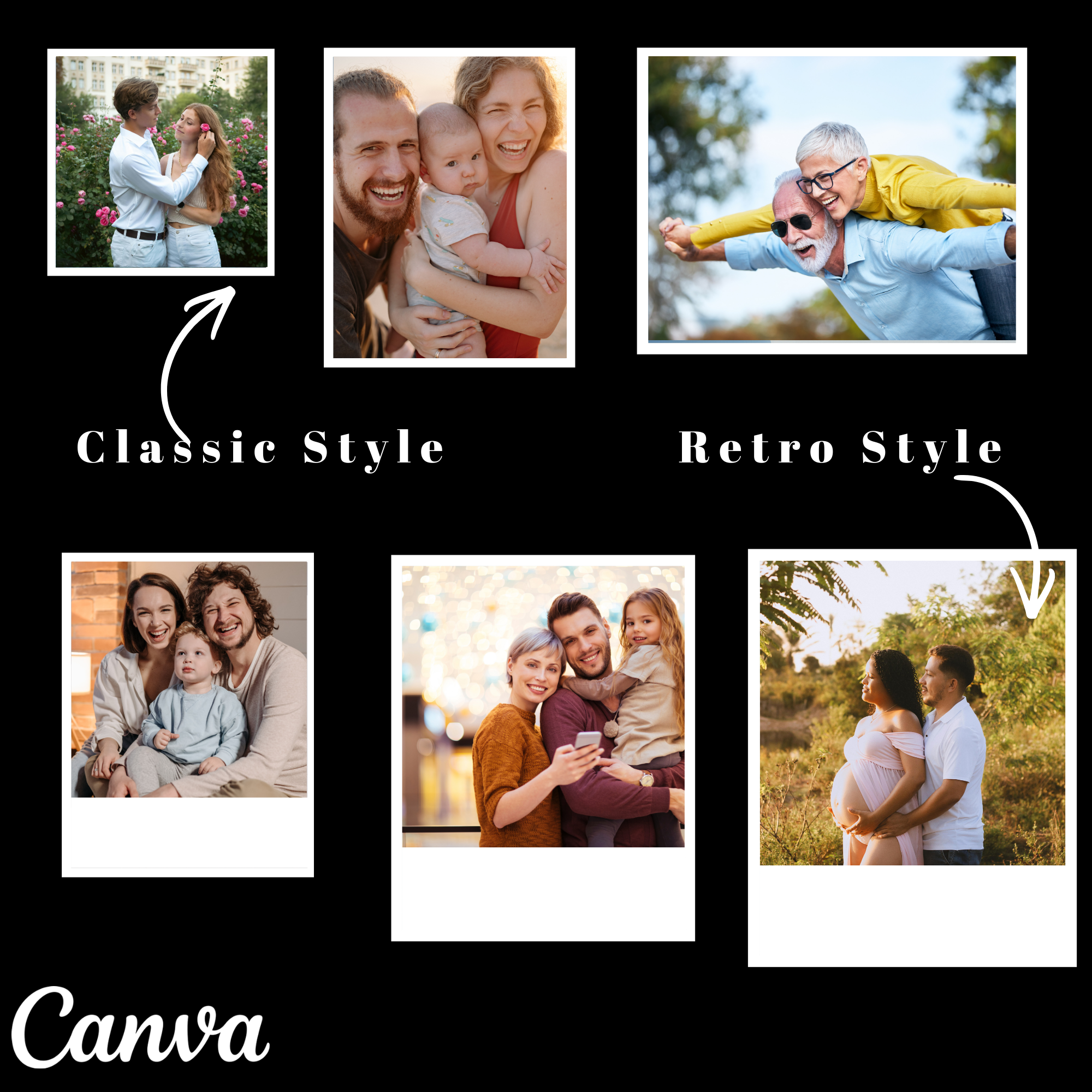 Collage of family photos with 'Classic Style' and 'Retro Style' labels, featuring Canva branding.