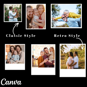 Collage of family photos with 'Classic Style' and 'Retro Style' labels, featuring Canva branding.