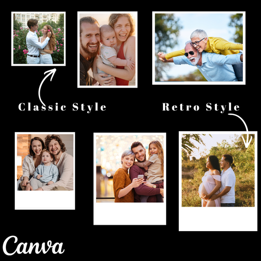 Collage of family photos with 'Classic Style' and 'Retro Style' labels, featuring Canva branding.