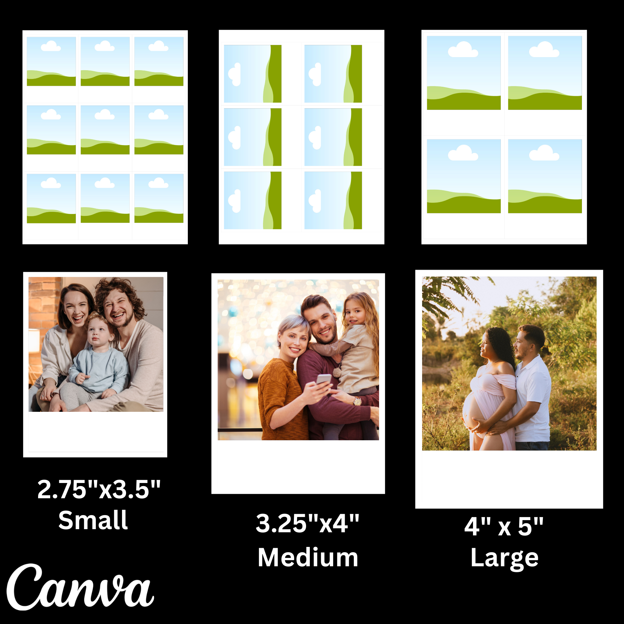 Comparison of photo sizes with 'Canva' branding on a black background