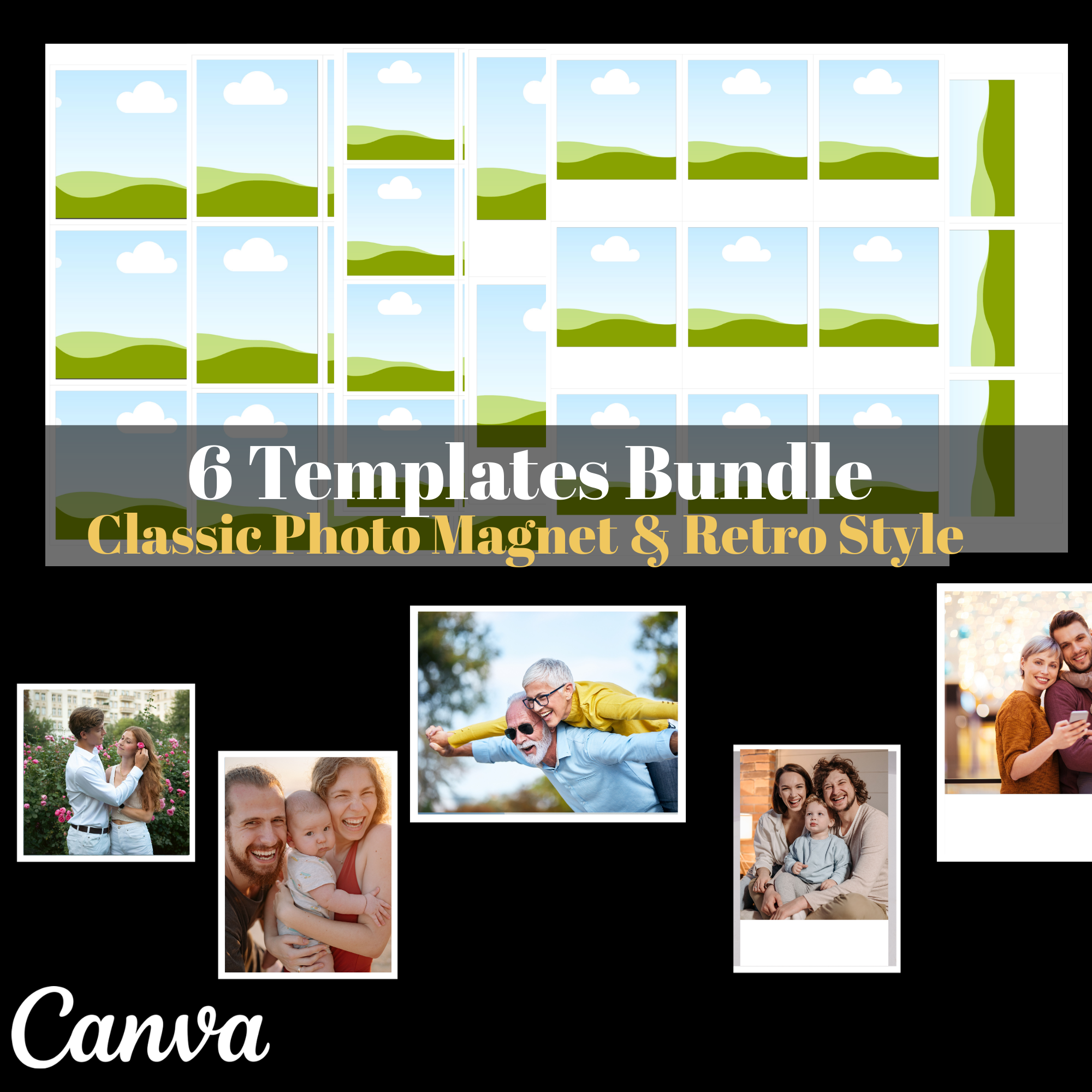 Promotional graphic for Canva's 6 Templates Bundle featuring photo magnets and retro style.
