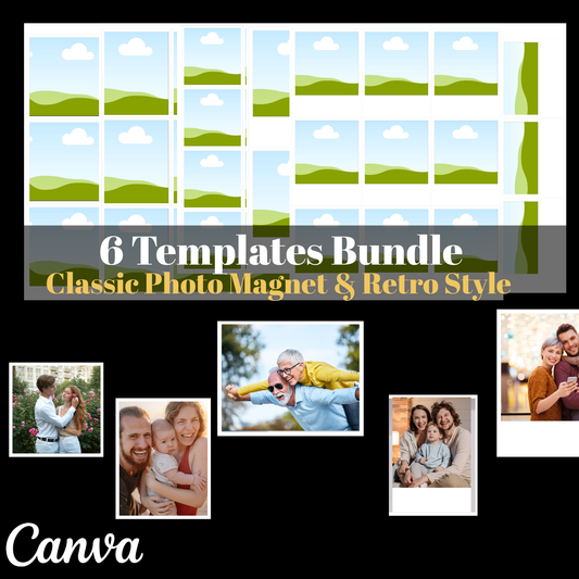 Promotional graphic for Canva's 6 Templates Bundle featuring photo magnets and retro style.