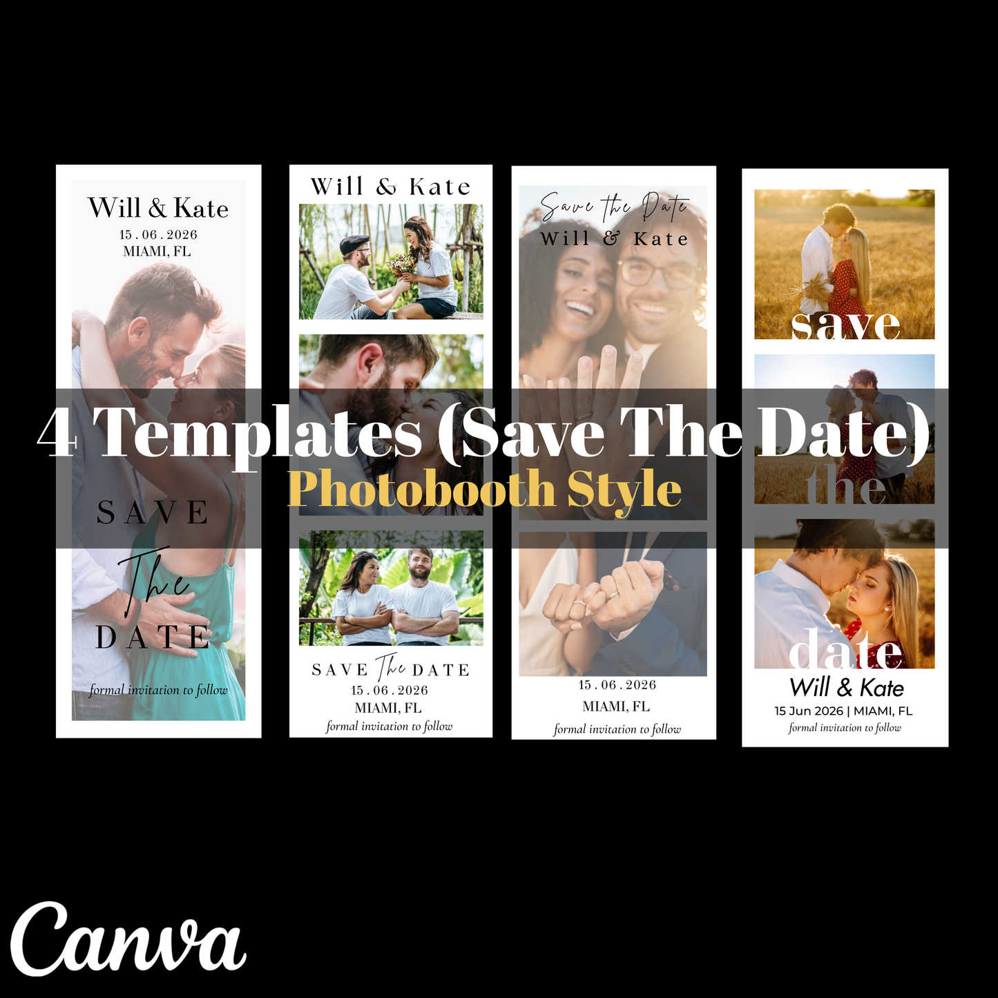 Collection of 'Save The Date' photobooth style templates with various images and text on a black background.