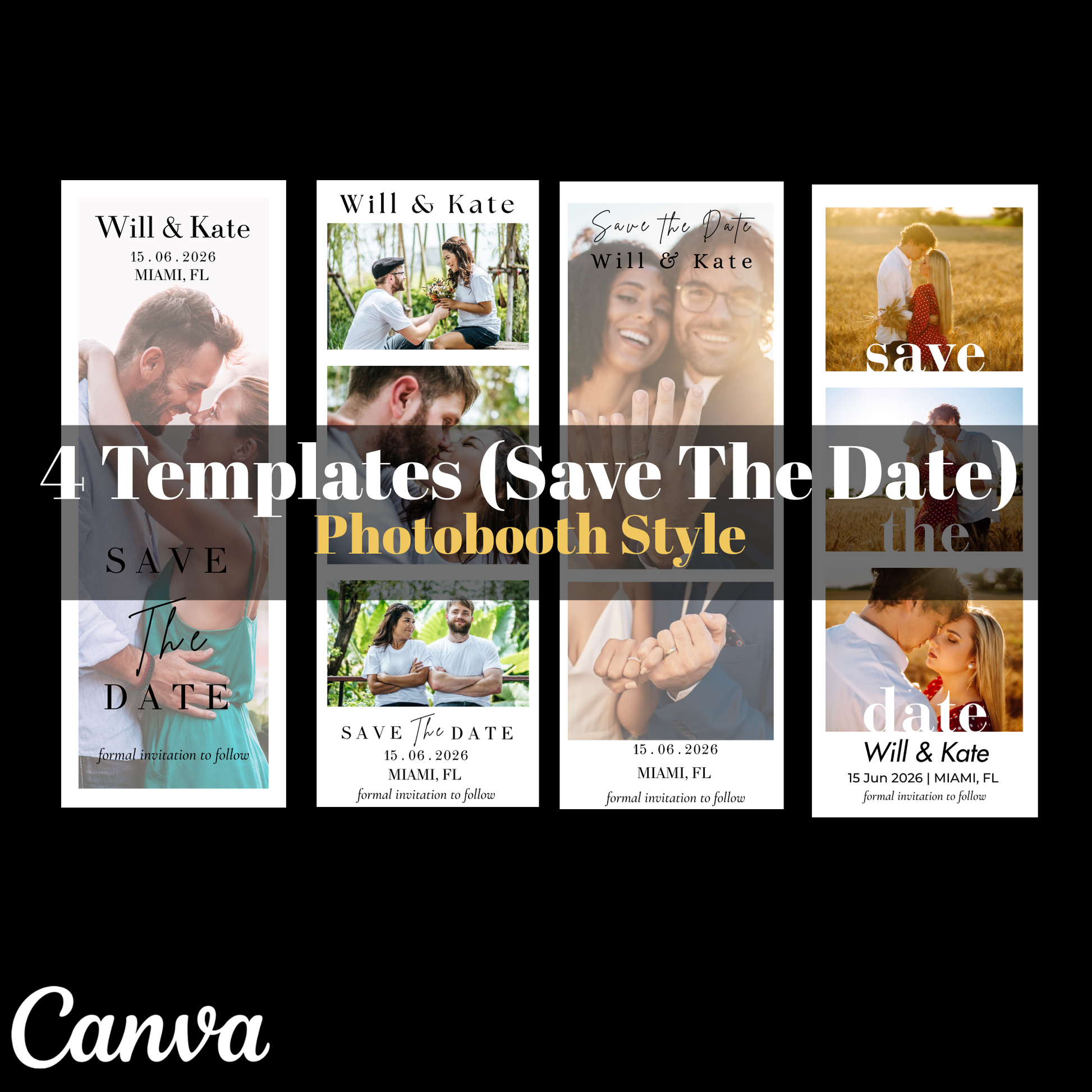 Collection of 'Save The Date' photobooth style templates with various images and text on a black background.