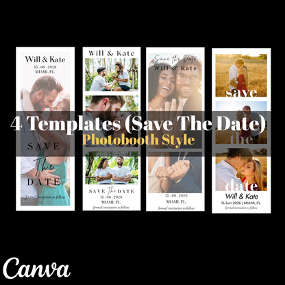 Collection of 'Save The Date' photobooth style templates with various images and text on a black background.