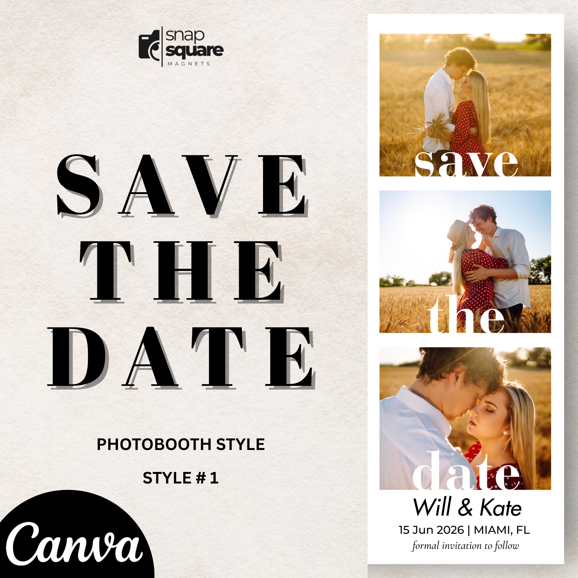 Canva design template for Save the date photo magnet with romantic couple photos and Canva branding