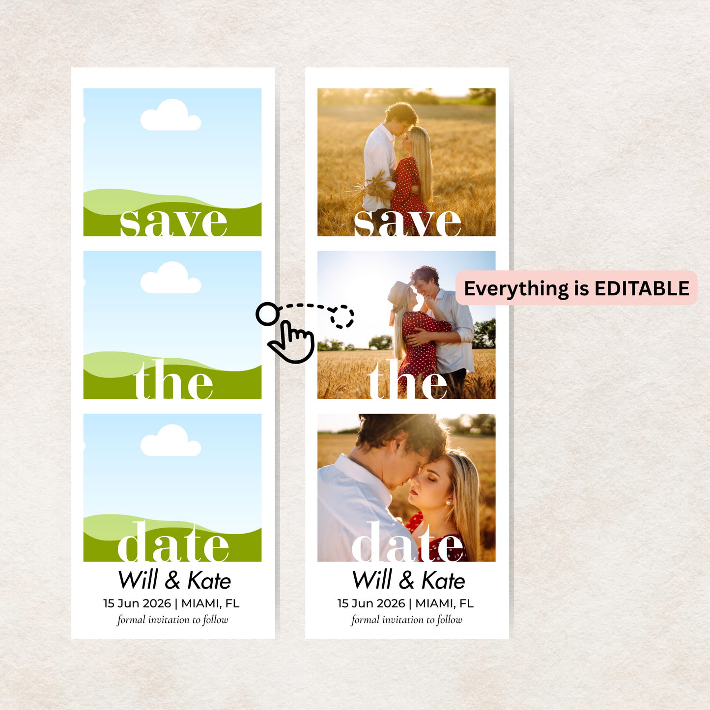 Save the date Canva digital design templat with customizable text and images for photo magnet on a light gray background