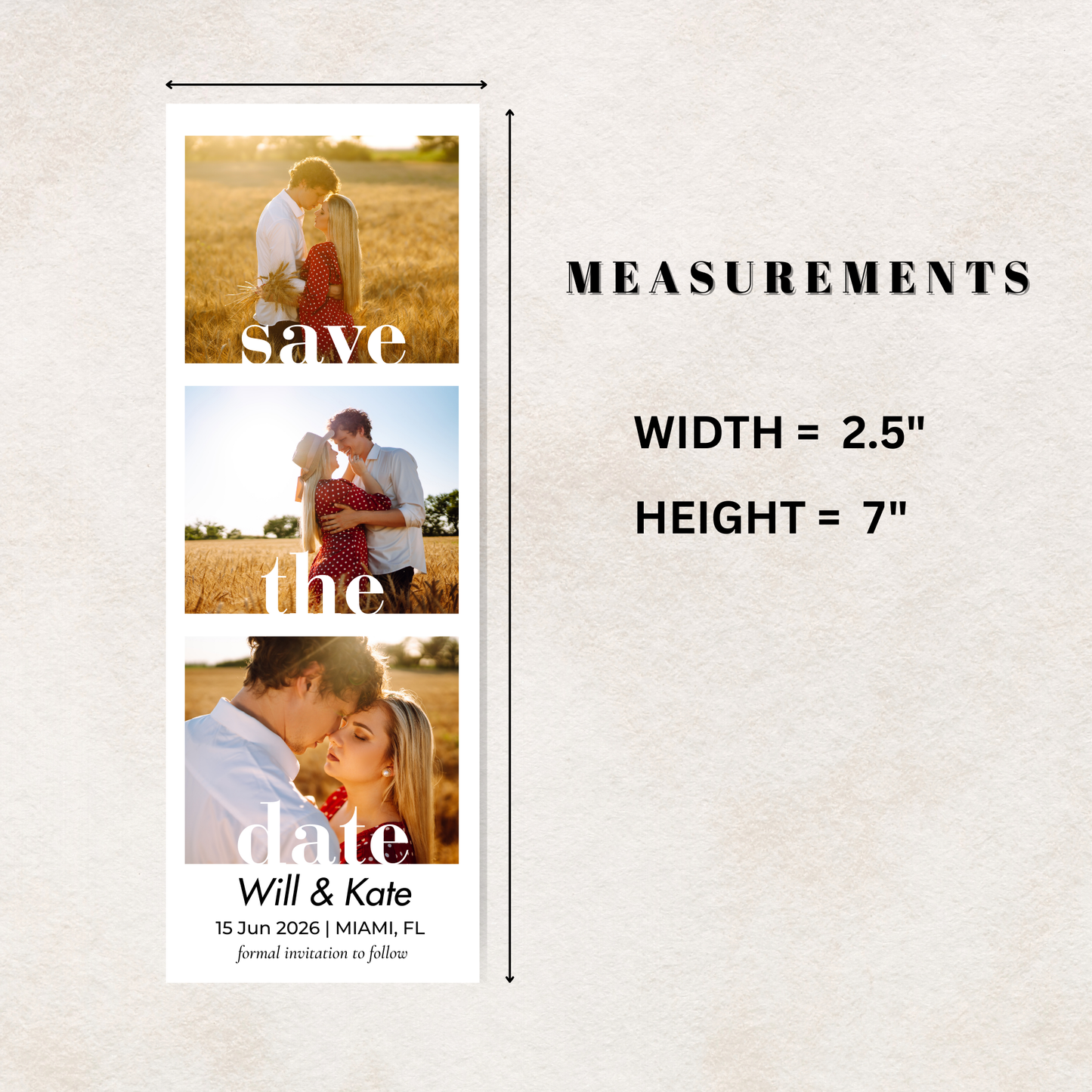 Canva digital design template 'Save the Date' photo magnet and measurements on a light background