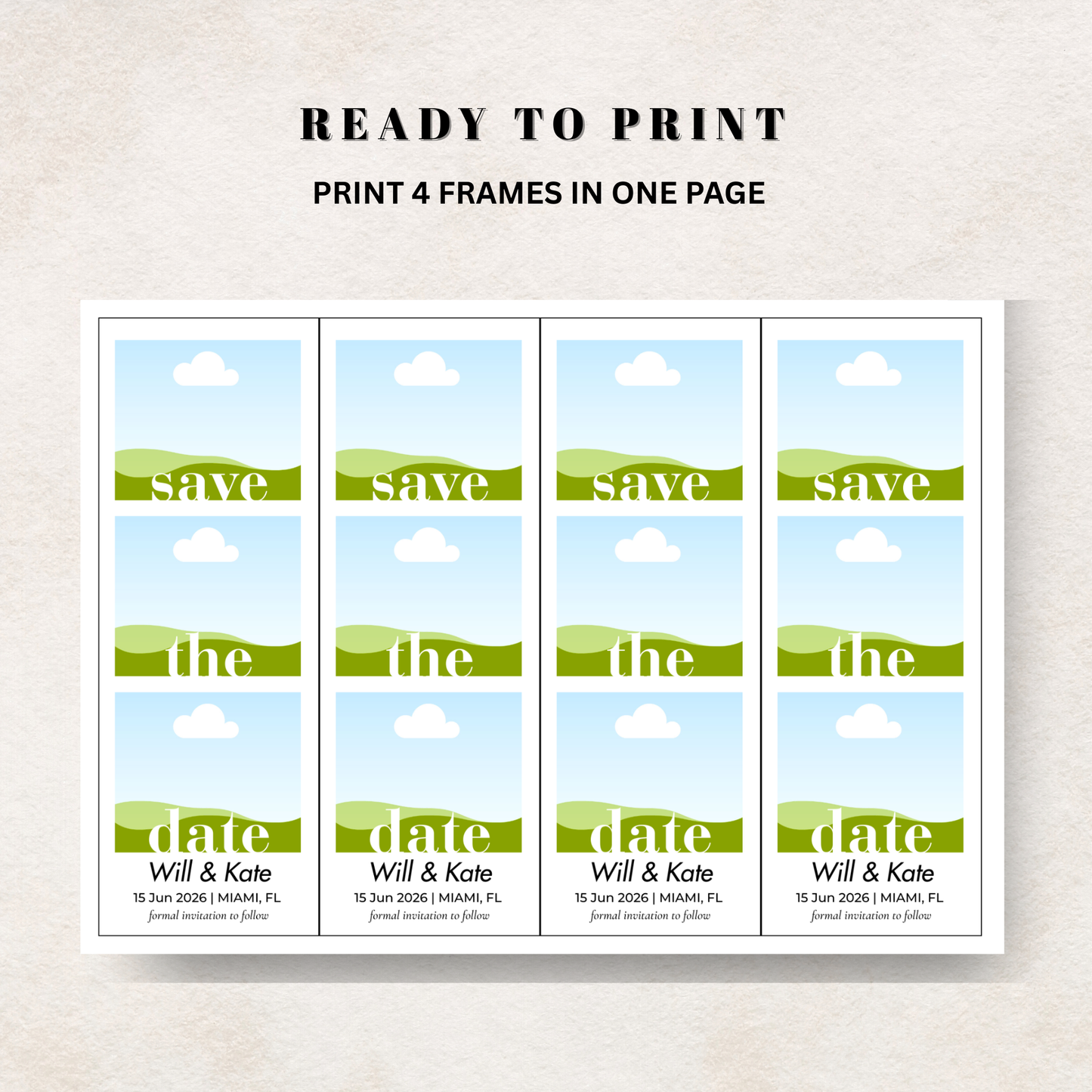 Canva Digital design template for 'Save the Date' Photo Magnet with a blue background and green text, displayed on a white background.