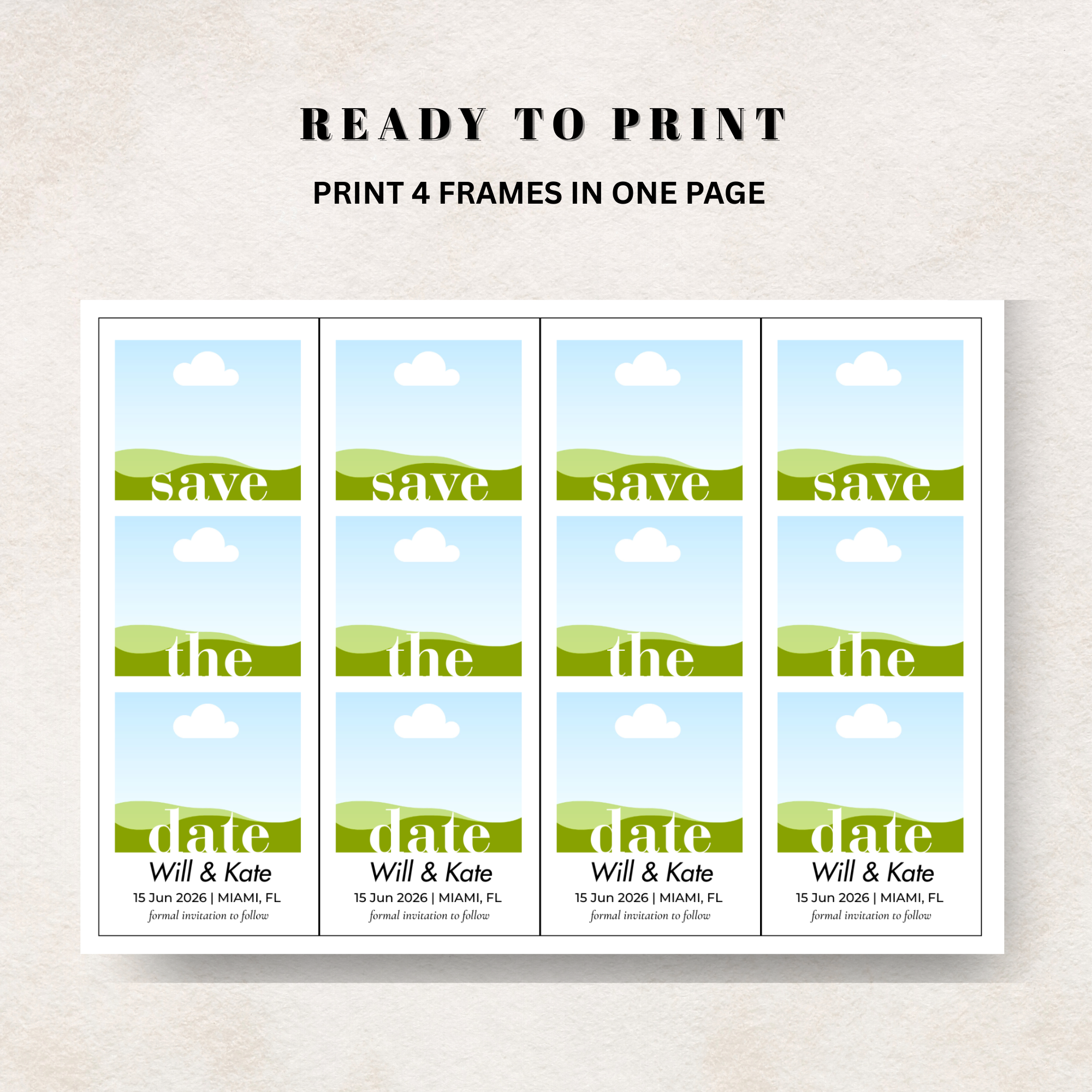 Canva Digital design template for 'Save the Date' Photo Magnet with a blue background and green text, displayed on a white background.