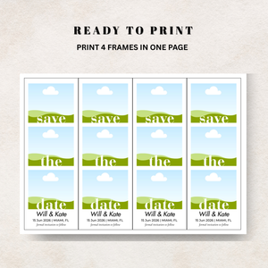 Canva Digital design template for 'Save the Date' Photo Magnet with a blue background and green text, displayed on a white background.