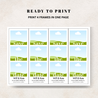 Canva Digital design template for 'Save the Date' Photo Magnet with a blue background and green text, displayed on a white background.